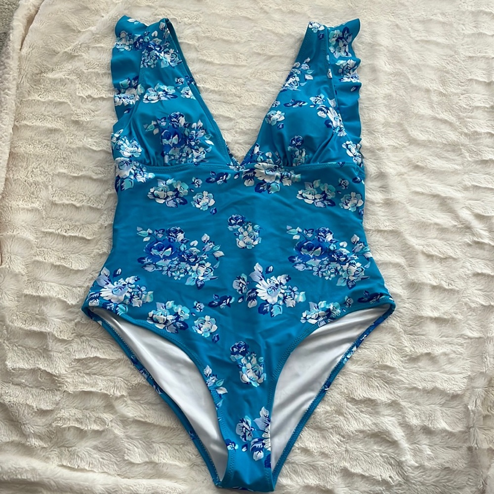 Blue one piece bathing suit floral swimsuit (XXL, fits like XL)